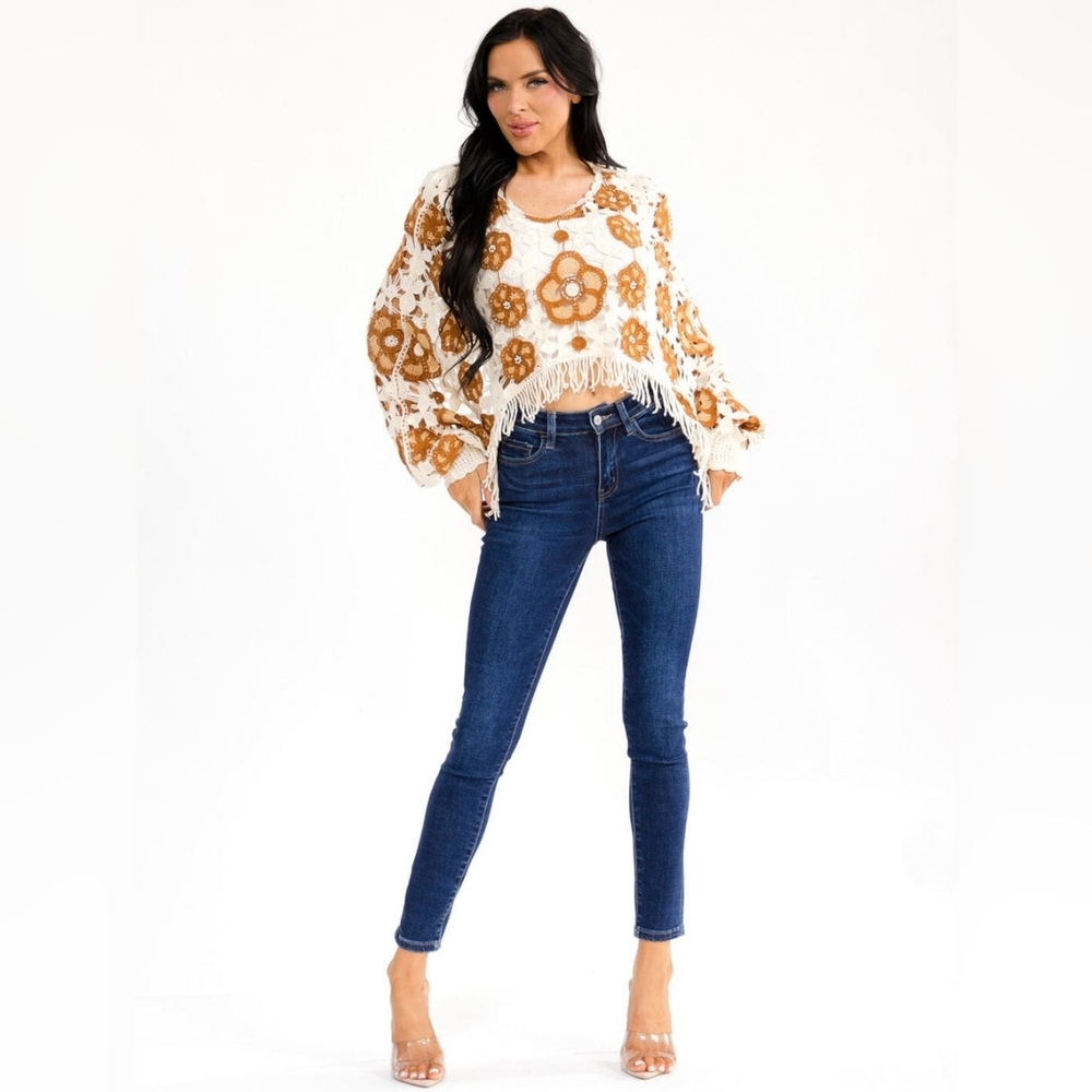 Boho Crochet Floral Fringe Crop Sweater Top Cream Brown Long Sleeve - Picture 3 of 5